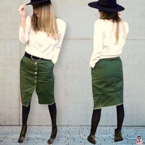 Denim Pencil Skirt Knee Length Frayed Hem Olive Green Medium